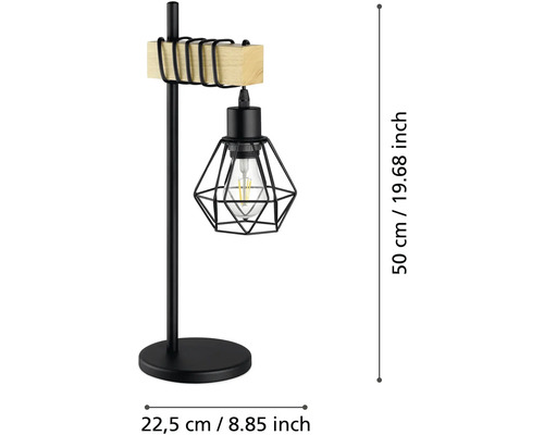 Stolná lampa z čierneho kovu s dreveným detailom a geometrickým drôteným tienidlom, výška 50 centimetrov, šírka 22,5 centimetrov.