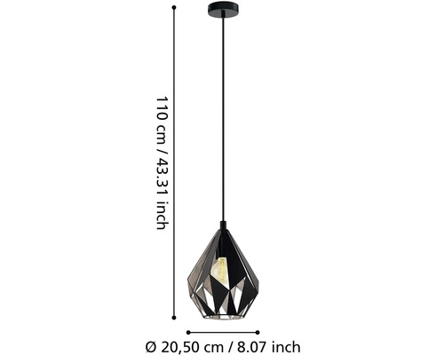 Čierne závesné svietidlo s geometrickým kovovým tienidlom v tvare diamantu, výška 110 centimetrov, priemer 20,5 centimetra.
