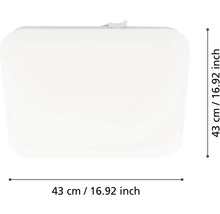 Štvorcové stropné svietidlo so zaoblenými rohmi, rozmery 43 krát 43 centimetrov.