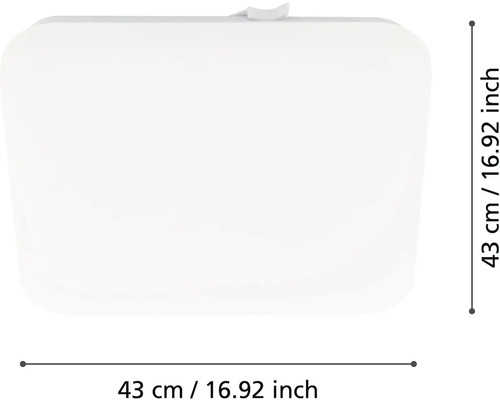 Štvorcové stropné svietidlo so zaoblenými rohmi, rozmery 43 krát 43 centimetrov.