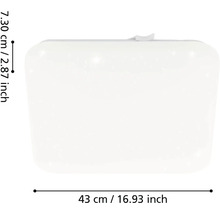 Štvorcové biele stropné LED svietidlo s efektom hviezdnej oblohy, rozmery 43 centimetrov na šírku a 7,30 centimetrov na výšku.