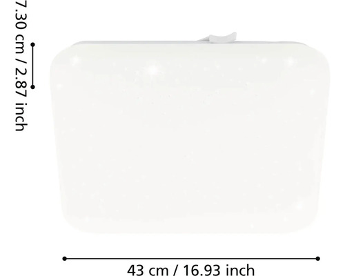 Štvorcové biele stropné LED svietidlo s efektom hviezdnej oblohy, rozmery 43 centimetrov na šírku a 7,30 centimetrov na výšku.