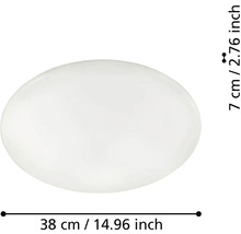 Biele okrúhle stropné svietidlo s priemerom 38 centimetrov a výškou 7 centimetrov.