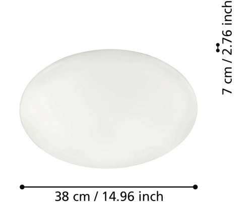 Biele okrúhle stropné svietidlo s priemerom 38 centimetrov a výškou 7 centimetrov.