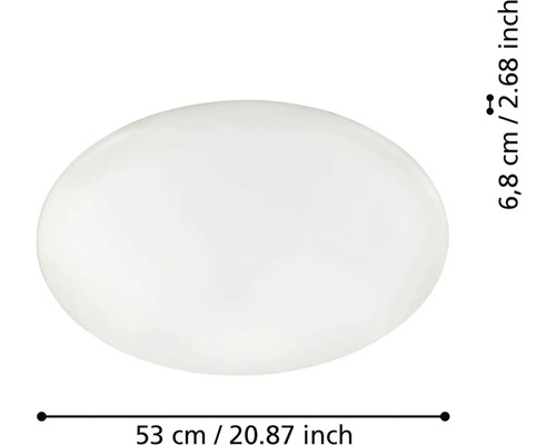 Okrúhle biele stropné svietidlo s rozmermi 53 centimetrov priemer a 6,8 centimetra výška.
