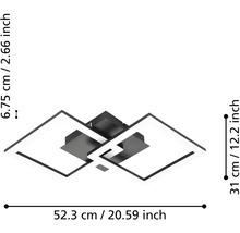 Moderné LED stropné svietidlo s dvoma prepojenými štvorcami: šírka 52,3 centimetrov, hĺbka 31 centimetrov, výška 6,75 centimetrov.