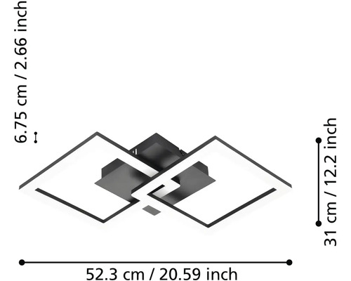 Moderné LED stropné svietidlo s dvoma prepojenými štvorcami: šírka 52,3 centimetrov, hĺbka 31 centimetrov, výška 6,75 centimetrov.