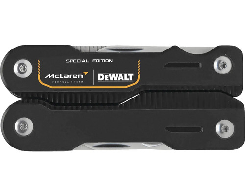 Čierny multifunkčný nástroj v špeciálnej edícii s McLaren Formula 1 Team Logo a DeWalt Logo.