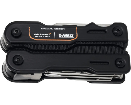 Multifunkčné náradie DeWALT McLaren Special Edition v čiernej farbe, zložené, s viditeľnými nerezovými nástrojmi.