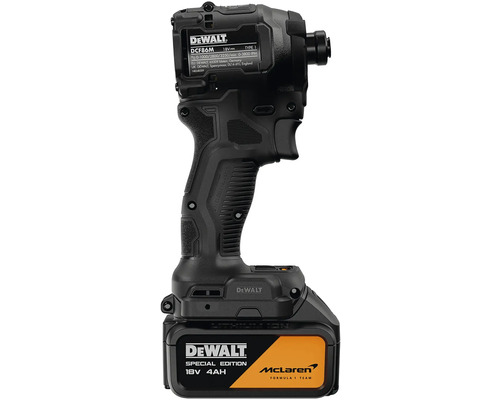 Akumulátorový rázový uťahovák DeWalt DCF86M 18 Volt Special Edition McLaren Formula 1 Team s 4 Ampérhodinovým lítiovo iónovým akumulátorom.