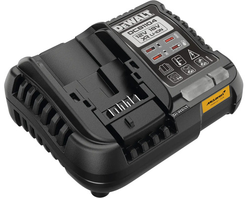 Nabíjačka akumulátorov DeWalt DCB1104 pre 12 Volt a 18 Volt XR Lítium-iónové akumulátory s indikáciou nabitia a McLaren Logo.