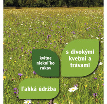 Lúka s divokými kvetmi a trávami. Textové polia informujú o viacročnom kvitnutí, zmesi divokých kvetov a jednoduchej údržbe.