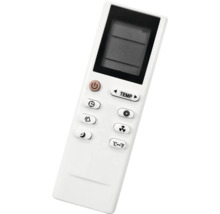 Biely diaľkový ovládač s digitálnym displejom a tlačidlami na nastavenie teploty a ventilátora.