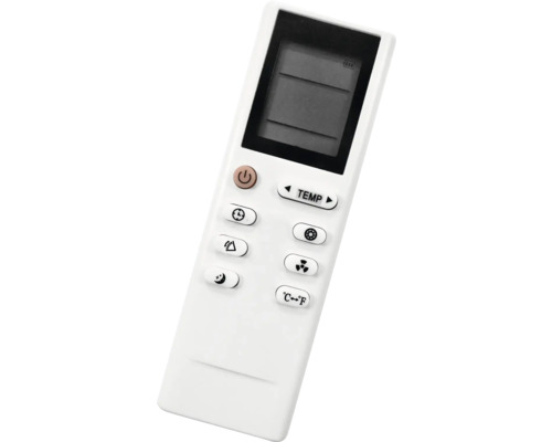 Biely diaľkový ovládač s digitálnym displejom a tlačidlami na nastavenie teploty a ventilátora.