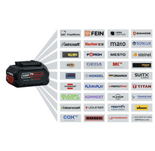 Akumulátor Bosch AMPShare 18 Volt s logami partnerov ako FEIN, fischer a brennenstuhl, ktoré ilustrujú kompatibilitu systému.