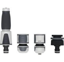 Súprava prípojok na záhradnú hadicu obsahujúca postrekovač, hadicovú spojku, stopspojku a prípojku na kohútik.