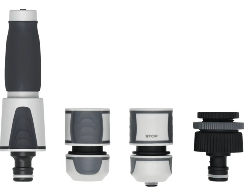 Súprava prípojok na záhradnú hadicu obsahujúca postrekovač, hadicovú spojku, stopspojku a prípojku na kohútik.