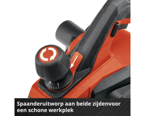 Detail elektrického hoblíka s gombíkom na nastavenie hĺbky a prepínačom pre obojstranné vyhadzovanie triesok.