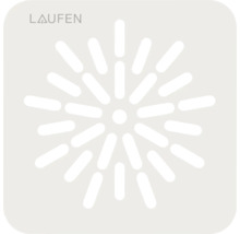 Logo Laufen a štvorcový kryt odtoku s lúčovito usporiadanými štrbinami.