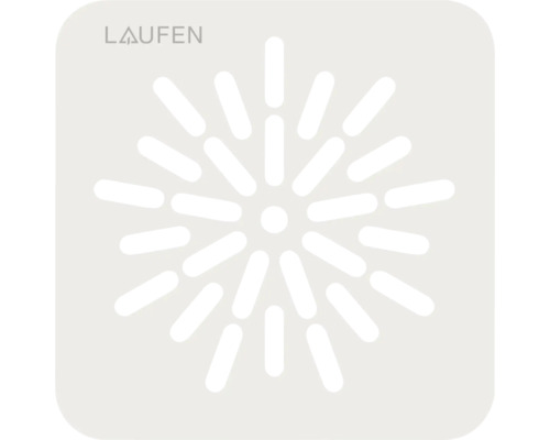 Logo Laufen a štvorcový kryt odtoku s lúčovito usporiadanými štrbinami.