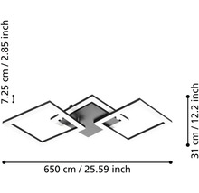 Moderné LED stropné svietidlo s tromi štvorcovými prvkami, rozmery 65 centimetrov dĺžka, 31 centimetrov šírka a 7,25 centimetrov výška.