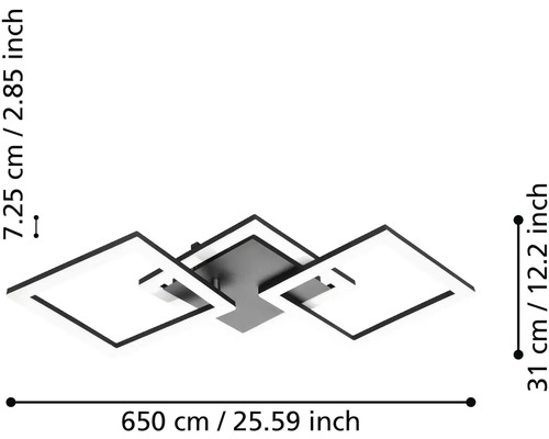 Moderné LED stropné svietidlo s tromi štvorcovými prvkami, rozmery 65 centimetrov dĺžka, 31 centimetrov šírka a 7,25 centimetrov výška.