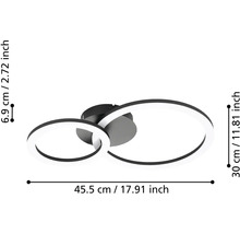 LED stropné svietidlo s dvoma kruhmi, rozmery 45,5 centimetra šírka, 30 centimetrov hĺbka a 6,9 centimetra výška.