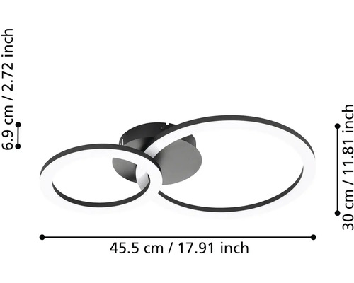 LED stropné svietidlo s dvoma kruhmi, rozmery 45,5 centimetra šírka, 30 centimetrov hĺbka a 6,9 centimetra výška.