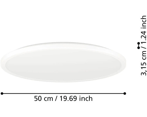 Biele ploché okrúhle LED stropné svietidlo s priemerom 50 centimetrov a výškou 3,15 centimetra.