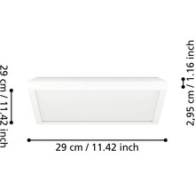 Biele štvorcové LED stropné svietidlo s rozmermi 29 krát 29 centimetrov a výškou 2,95 centimetra.