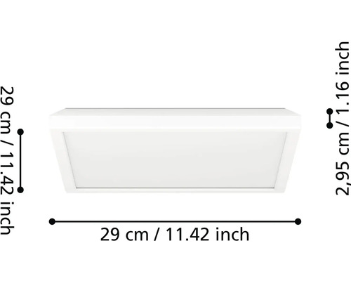 Biele štvorcové LED stropné svietidlo s rozmermi 29 krát 29 centimetrov a výškou 2,95 centimetra.