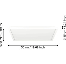 Biely štvorcový LED panel s vyznačenými rozmermi 50 centimetrov krát 50 centimetrov a výškou 3,15 centimetra.