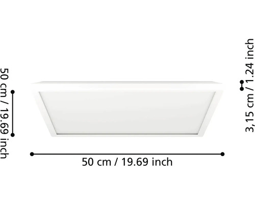Biely štvorcový LED panel s vyznačenými rozmermi 50 centimetrov krát 50 centimetrov a výškou 3,15 centimetra.