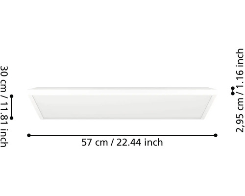 LED panel plochý obdĺžnikový s rozmermi dĺžka 57 centimetrov, šírka 30 centimetrov a výška 2,95 centimetrov.