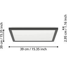 Štvorcové stropné LED svietidlo s antracitovým rámom. Rozmery: šírka 39 centimetrov, dĺžka 39 centimetrov, výška 2,95 centimetrov.