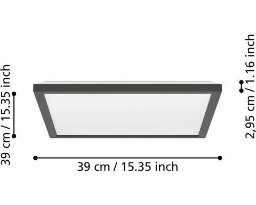 Štvorcové stropné LED svietidlo s antracitovým rámom. Rozmery: šírka 39 centimetrov, dĺžka 39 centimetrov, výška 2,95 centimetrov.