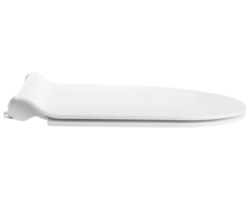 Ploché toaletné sedadlo s vekom v bielej farbe z plastu, bočný pohľad.