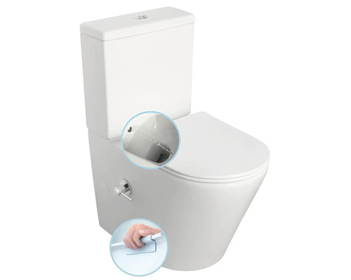 Stojace sprchovacie WC z bielej keramiky so splachovacou nádržkou, bočnou pákou a detailmi bidetovej funkcie a vybratia sedadla.