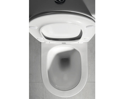 Závesné WC bez splachovacieho okruhu s otvoreným sedadlom a vekom, pohľad zhora.