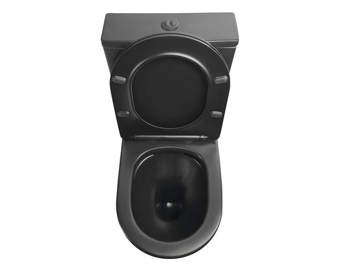 Čierne stojace WC s nádržkou a otvoreným sedadlom