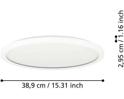 Okrúhly LED panel s rozmermi: priemer 38,9 centimetra a výška 2,95 centimetra.