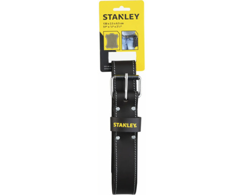 Kožený opasok na náradie Stanley s kovovou sponou, kontrastným prešitím a nitmi, dĺžka 130 centimetrov, Stanley Logo.