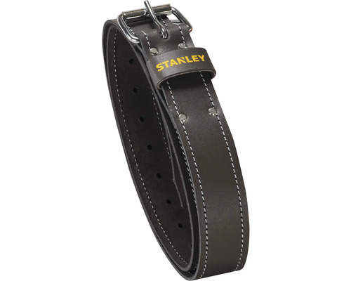 Tmavý kožený pracovný opasok Stanley s dvojitou kovovou sponou, bielym prešívaním a Stanley Logo.