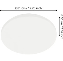 Rozmery okrúhleho stropného svietidla s priemerom 31 centimetrov alebo 12,20 palca a výškou 6,50 centimetra alebo 2,56 palca.