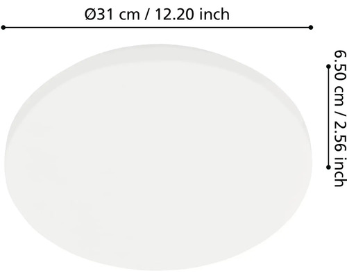 Rozmery okrúhleho stropného svietidla s priemerom 31 centimetrov alebo 12,20 palca a výškou 6,50 centimetra alebo 2,56 palca.