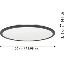 Okrúhle stropné LED svietidlo s čiernym rámom, priemer 50 centimetrov, výška 3,15 centimetra.