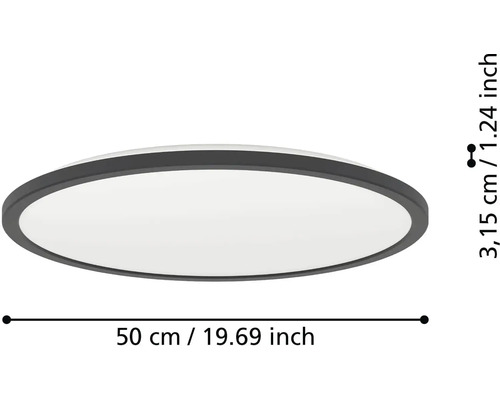 Okrúhle stropné LED svietidlo s čiernym rámom, priemer 50 centimetrov, výška 3,15 centimetra.