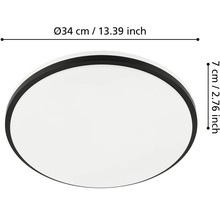 Okrúhle stropné svietidlo s čiernym rámom, priemer 34 centimetrov a výška 7 centimetrov.