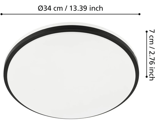 Okrúhle stropné svietidlo s čiernym rámom, priemer 34 centimetrov a výška 7 centimetrov.