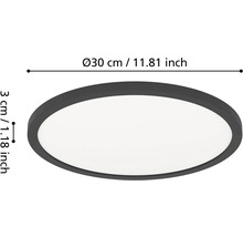 Okrúhle, ploché LED stropné svietidlo s tmavým rámom, priemer 30 centimetrov, výška 3 centimetre.
